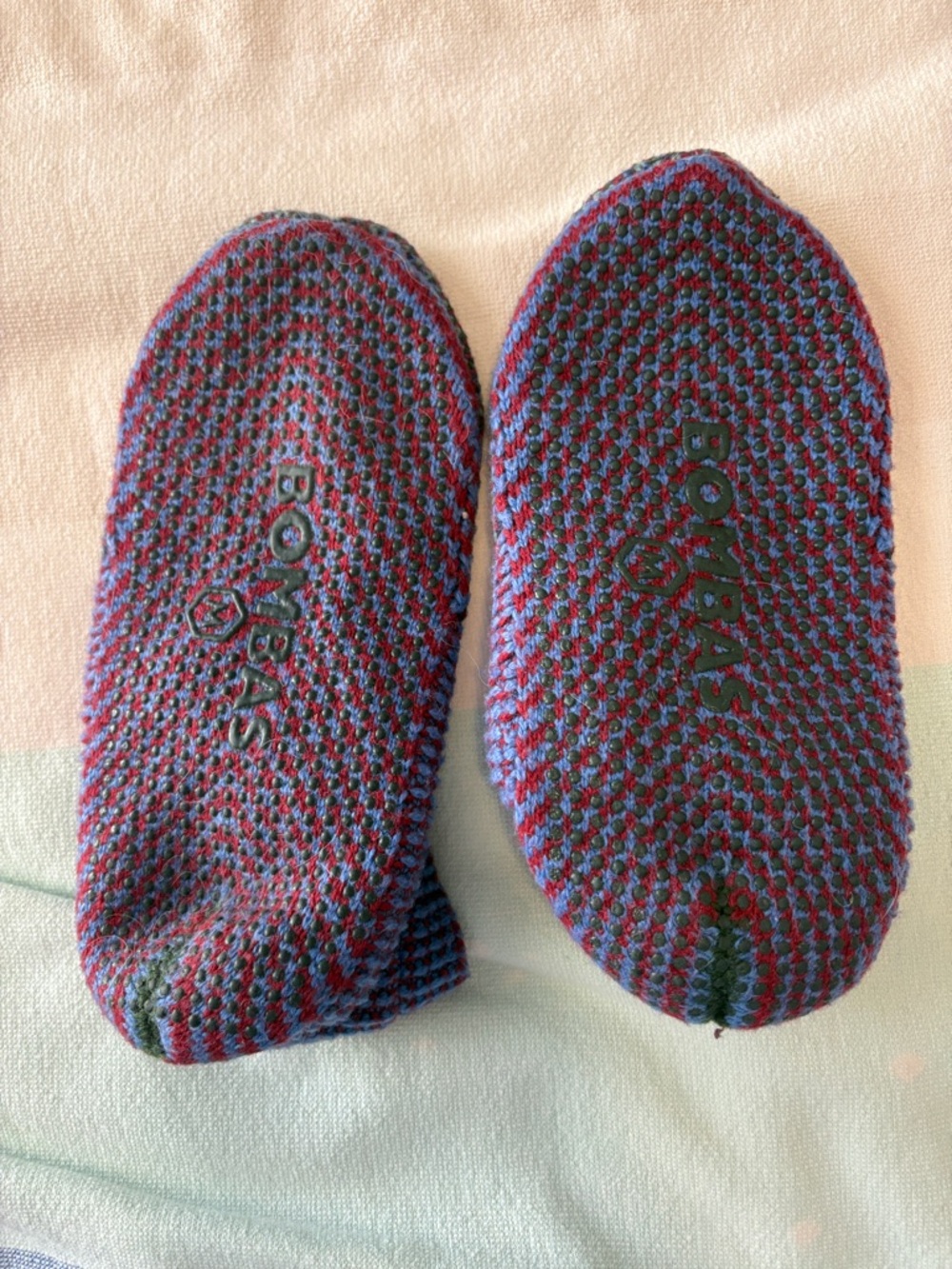 Bombas Knit Slip-On Socks in Purple and Blue with Red Accents Non skid sole - Picture 2 of 3